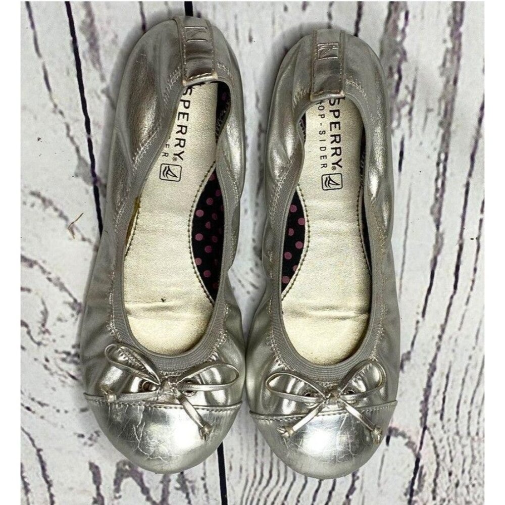 Sperry‎ Topsider Shoes Girls 1 Silver Ballet Flats Bows Leather Slip On